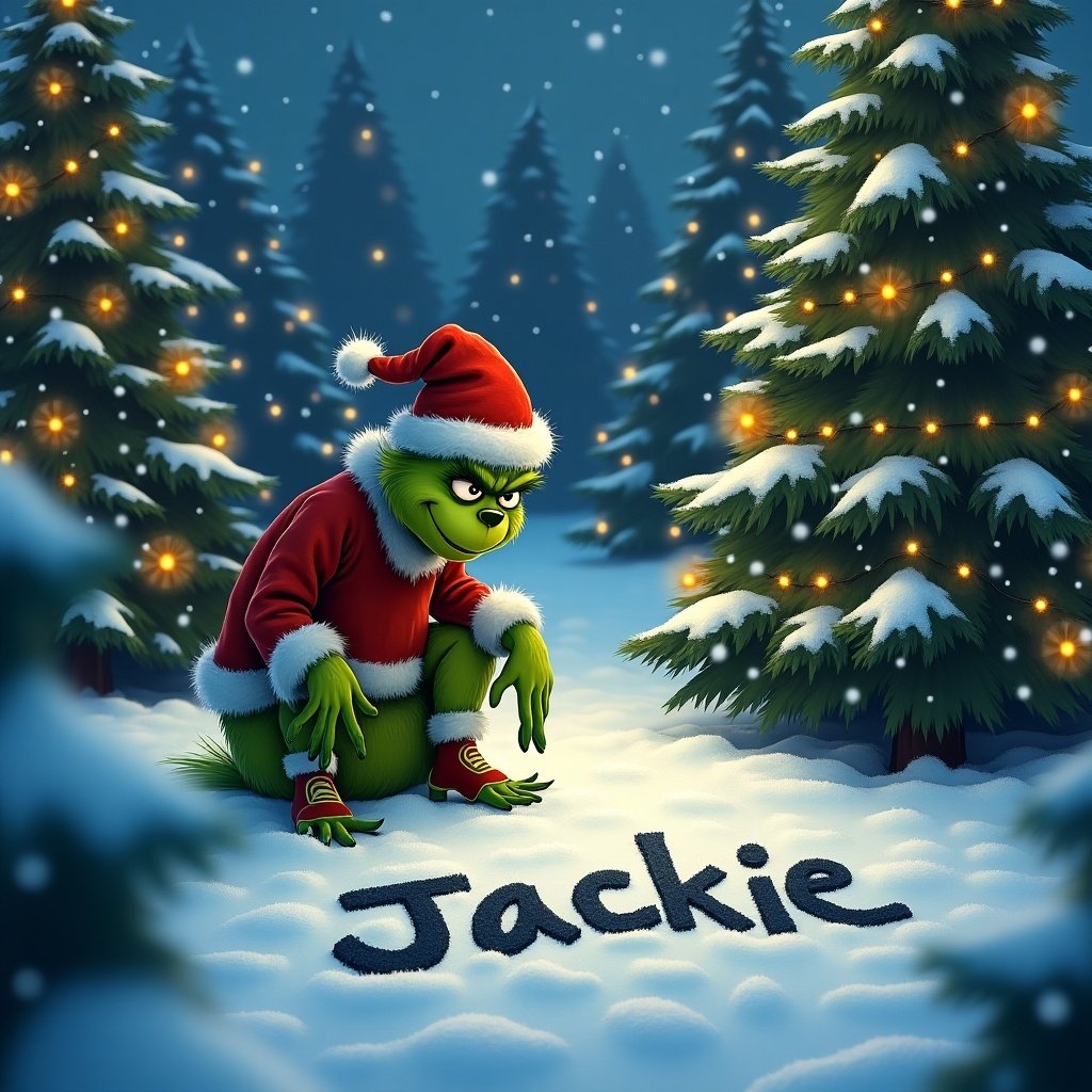 The Grinch sits in the snow among Christmas trees. The trees have lights. He writes Jackie in the snow.