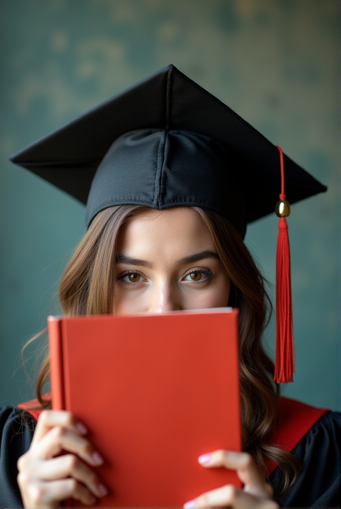 A woman in a graduation cap holds a red book, partially covering her face, against a blurred background.