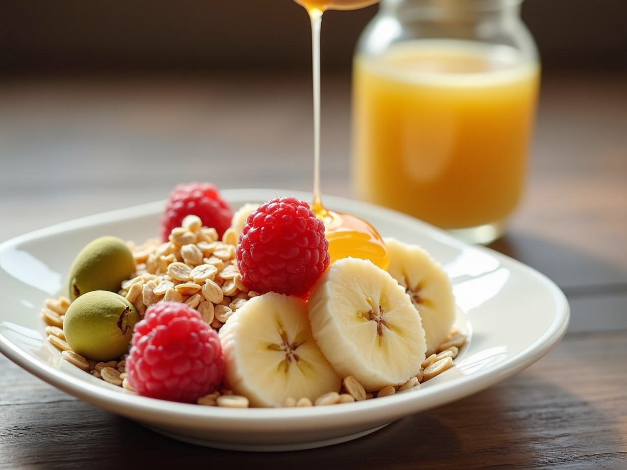 This image showcases a delicious bowl of oatmeal featuring milk and honey drizzled over banana slices. Accompanying the oatmeal are plump raspberries and a few green pistachios, enhancing the visual appeal. The dish is presented on a white plate against a warm wooden background. A glass jar of orange juice is blurred in the background, emphasizing a healthy breakfast theme. The composition highlights freshness and vibrancy, making it an inviting option for health-conscious individuals.