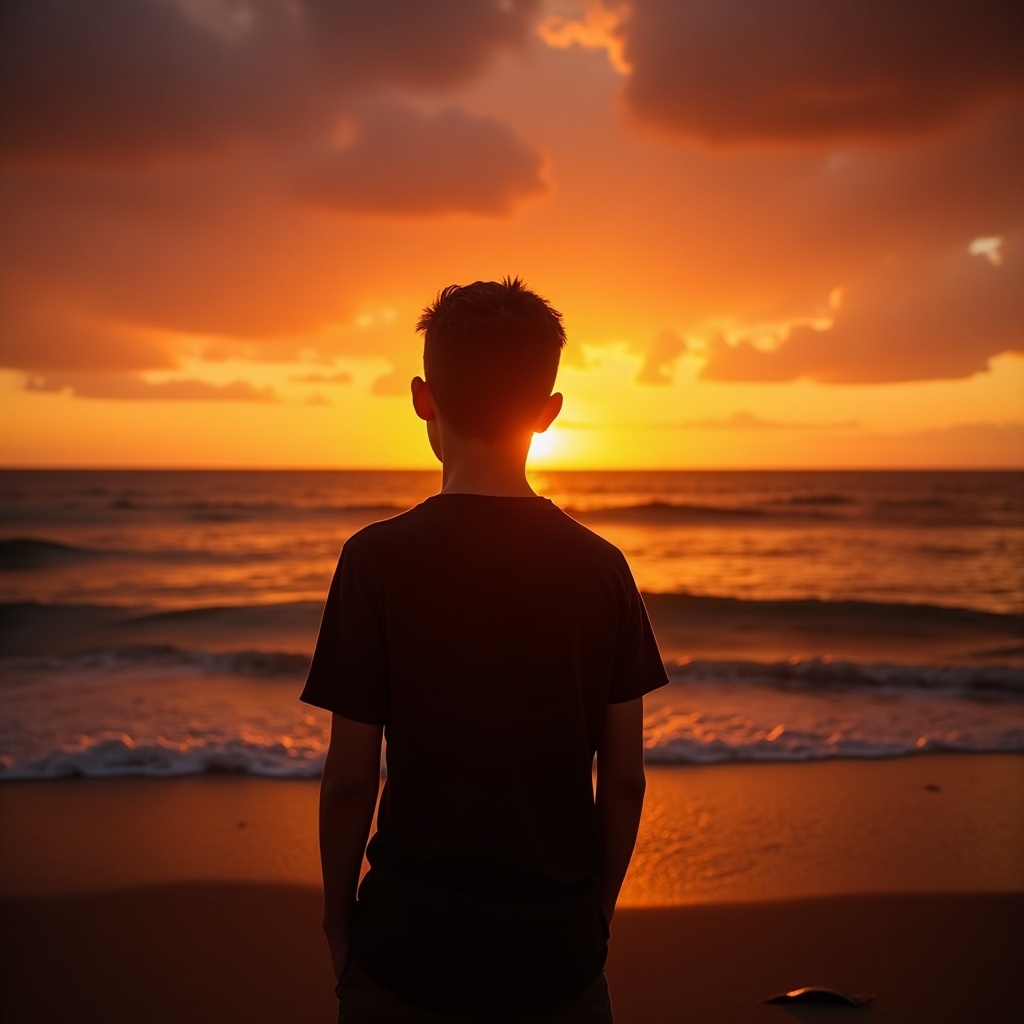 A 19-year-old boy is silhouetted against a vibrant sunset at the beach. The scene captures a dramatic sky filled with warm colors, creating a serene and contemplative mood. The boy stands in profile, gazing at the horizon where the sun is setting over the water. Soft waves gently lap at the shore, and the sky reflects shades of orange and pink. This image evokes feelings of peace and wonder, showcasing the beauty of nature.