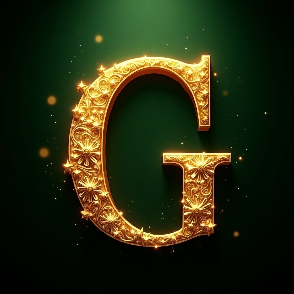 Richly embellished golden letter G with intricate designs set against dark green background. Glowing particle effects. Write 'IL MAGICO VILLAGGIO'