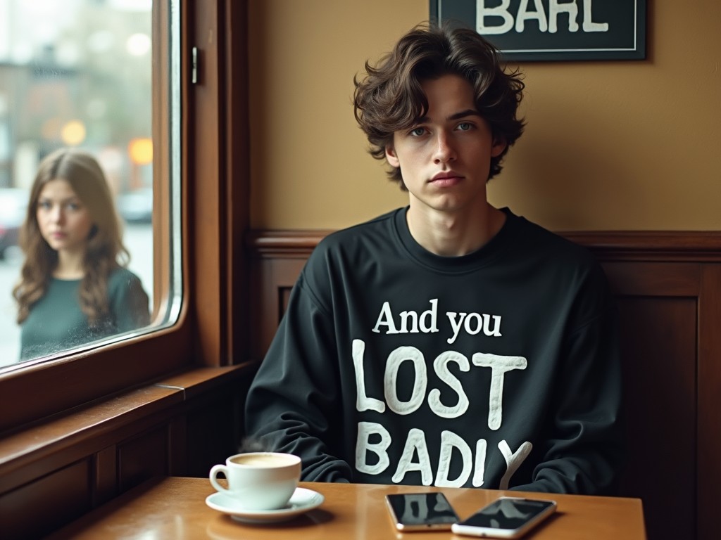 A young man sitting in a café wearing a bold statement shirt reads 'And you lost badly'. A woman is seen through the window, with a contemplative expression, creating a mysterious atmosphere.