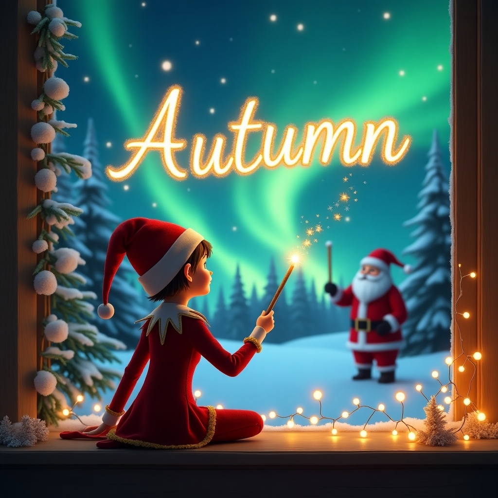 Elf sits on a shelf. Girl elf writes Autumn in the sky using a wand. Background features Northern lights and Santa. Scene is magical and festive.