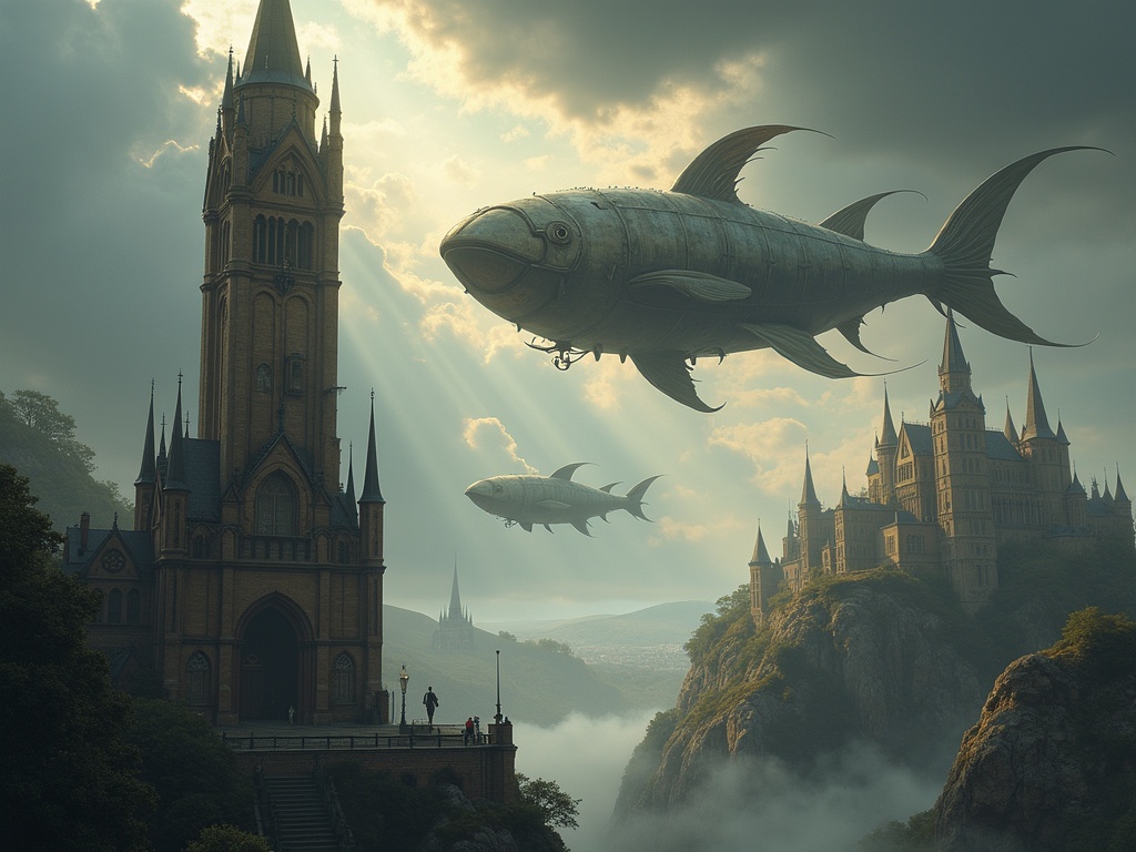 Fantastical scene blending steampunk and medieval elements. A tall illuminated tower with gothic architecture stands prominently. Unique airships, especially a large fish-like one, float in the sky. A traditional medieval castle appears on a hill. Dramatic sky with dark clouds and light rays creates a mystical atmosphere. Overall feel is adventurous and imaginative.