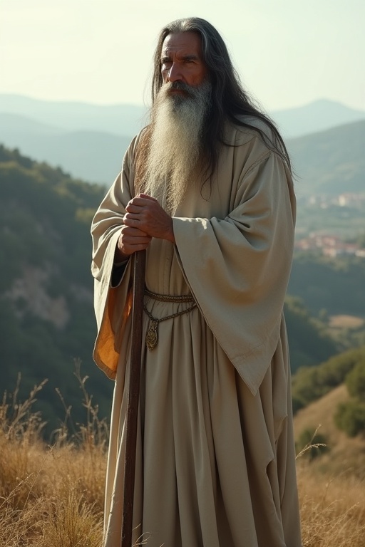 An old ascetic priest stands on a hill. He wears a beige ceremonial robe. Long grey hair flows down. The landscape shows southern France in the background. The scene conveys wisdom and serenity.