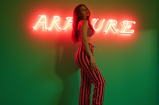 A woman stands in front of a vibrant neon sign that reads 'ARTPURE' on a green background.