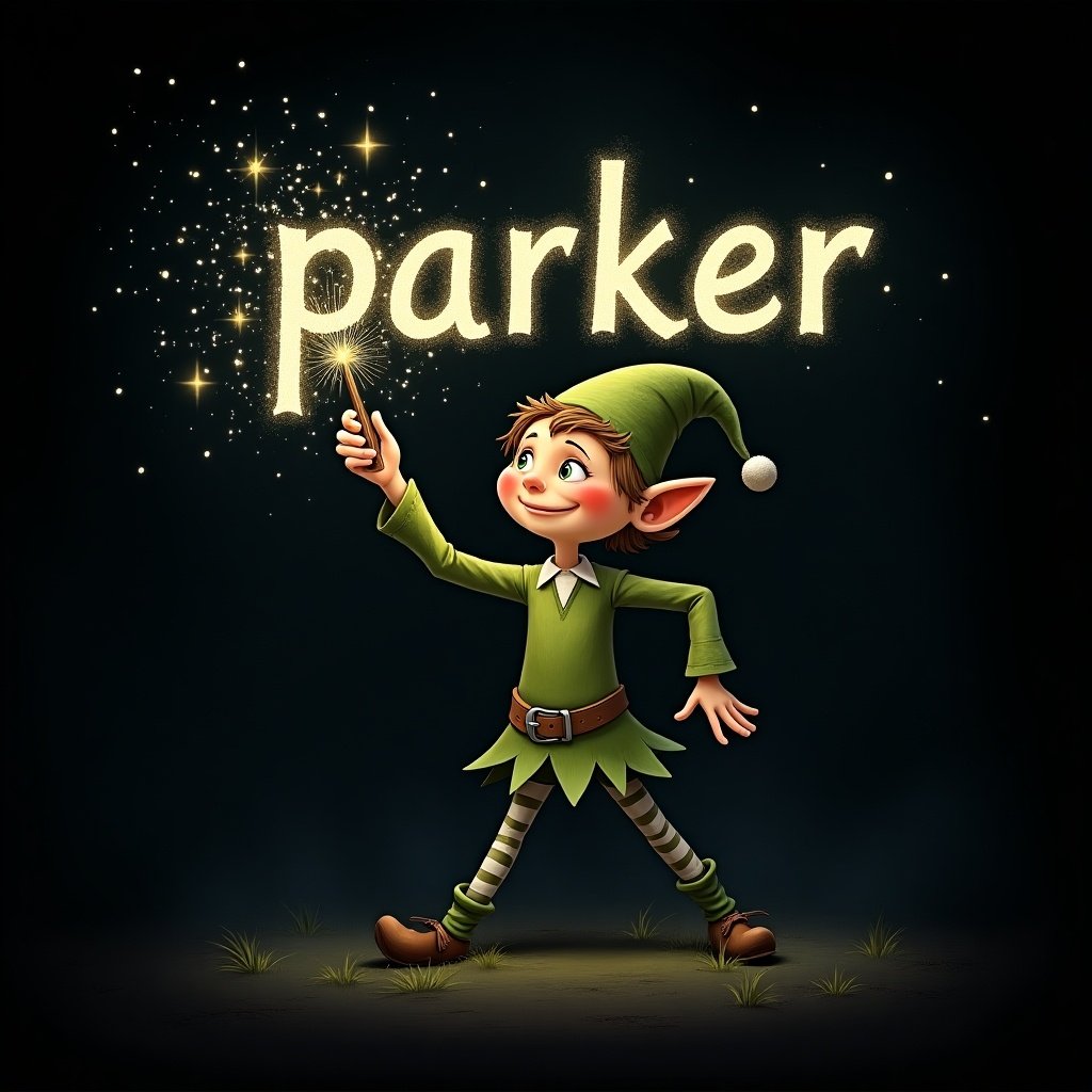 An elf writing 'parker' with a magical wand in sparkling text. The dark background highlights the letters. A whimsical fairy tale scene invites viewers into a fantasy world.