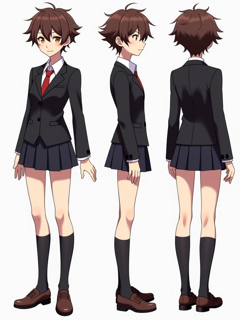 Anime character sheet featuring a high school boy. Short brown hair and yellow eyes. Dressed in a black high school outfit. Shown in three views: front side and back. Design shows a smart serious look. Suitable for anime manga or video game projects.