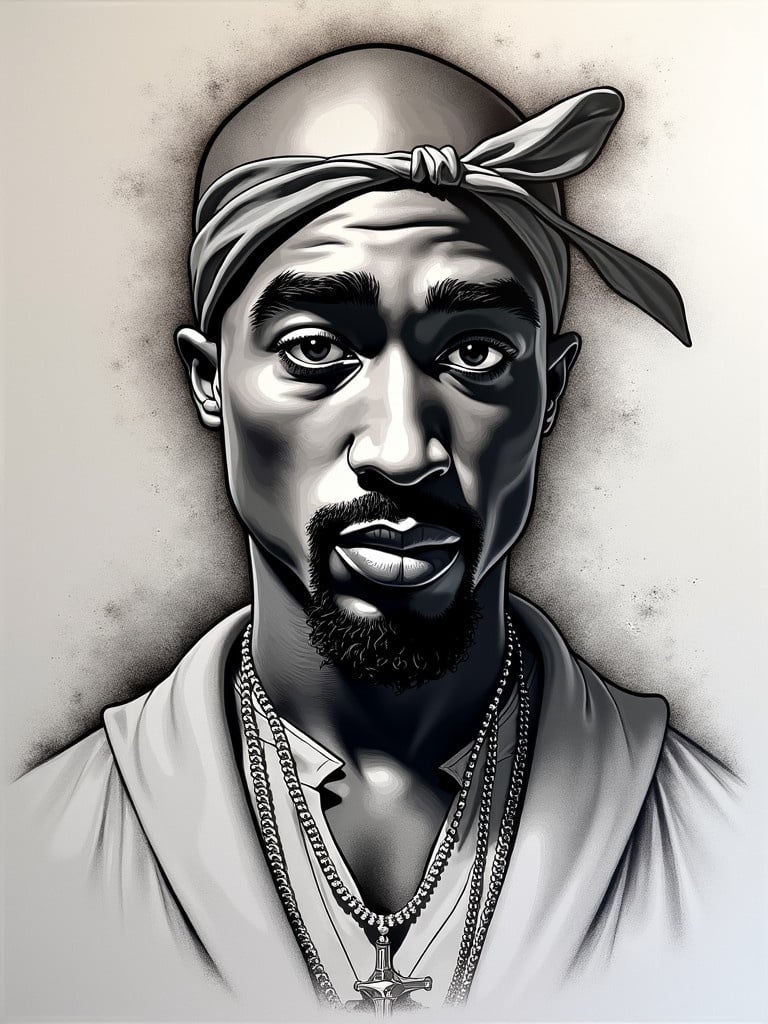 Graphic representation inspired by street art depicting Tupac Shakur for sneaker design. Focus on bold lines, iconic features, and urban aesthetic.