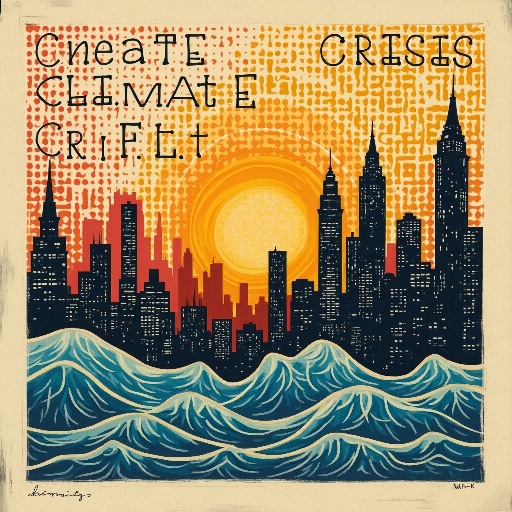 This artwork features a vibrant city skyline at sunset, illustrating the impact of the climate crisis. Bold typography highlights the words related to climate change, creating an impactful message. The warm hues of orange and yellow from the sun contrast against the dark silhouettes of skyscrapers. Below, stylized waves represent the rising sea levels. Overall, the art fuses urban elements with environmental themes, encouraging viewers to take action against climate change. This piece serves as a vivid reminder of our responsibility to the planet.