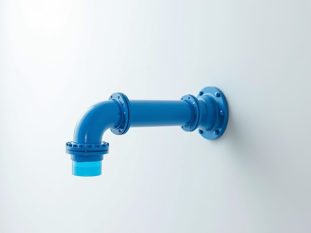 A blue pipe extends from a wall, with a curve and bolt details, creating an optical illusion with shading.