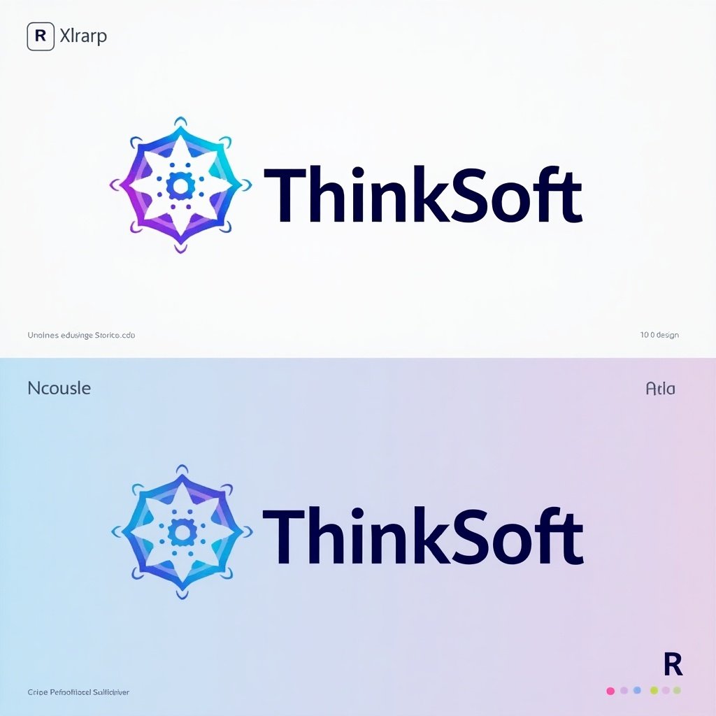 Modern logo design for ThinkSoft. Features interconnectedness and innovation. Clean and minimalistic style with a galaxy gradient color palette. Variations for sub-applications.