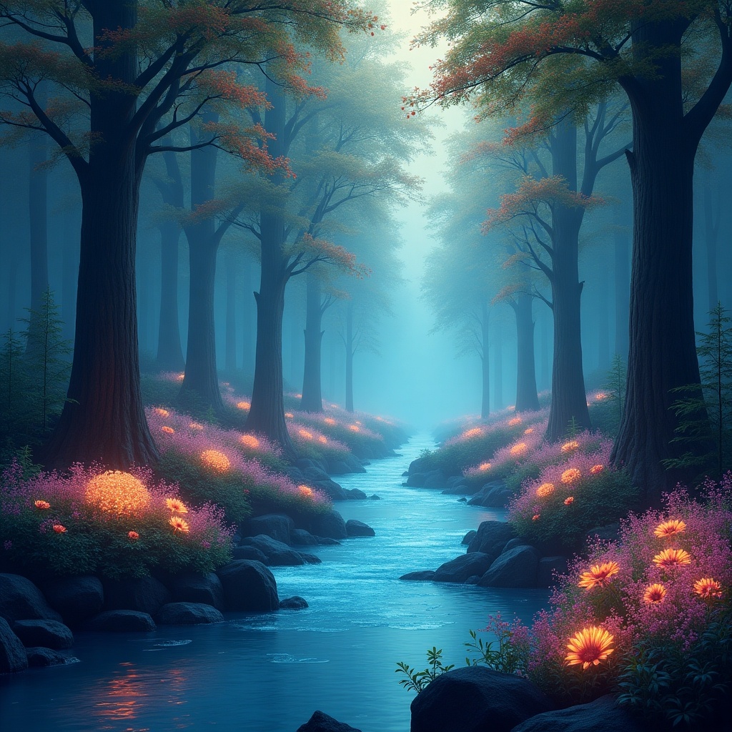 A peaceful forest scene featuring a tranquil river flowing between tall trees. The surroundings are filled with vibrant flowers in various colors like pink and orange. A soft mist lingers in the air, creating a dreamlike atmosphere. The lighting is gentle, highlighting the beauty of nature. This artwork emphasizes calmness and serenity in the landscape.