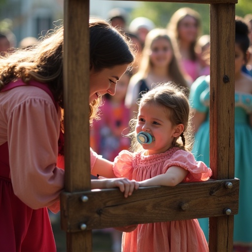 Mother playfully interacts with daughter in a medieval pillory during a historical festival. Daughter wears an oversized pacifier. Bright atmosphere with vibrant costumes. Scene filled with people enjoying the event. Wooden stocks securely hold the child's head and hands.