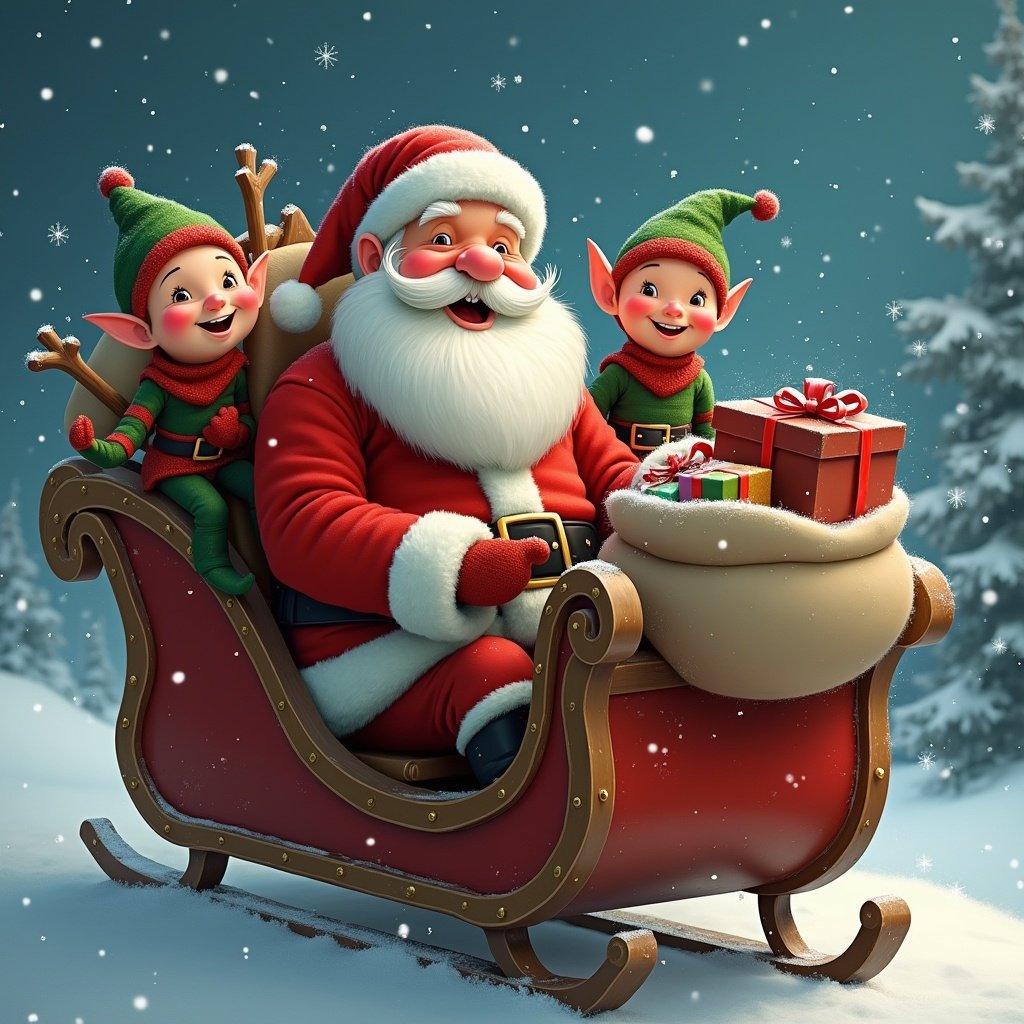 Santa Claus sits in a sleigh with a joyful expression. Two elves hold a bag filled with presents. Snow falls gently around them.