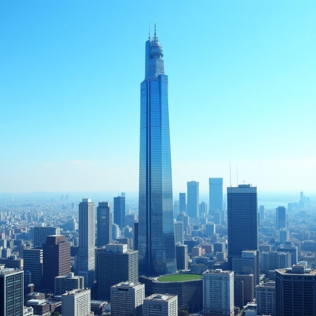 Modern Tokyo skyline featuring a tall skyscraper under clear skies