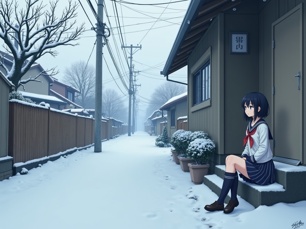 This image depicts a tranquil winter scene in a quiet residential alley. A girl in a school uniform sits pensively on the steps of a house, surrounded by snow-covered paths and rooftops. The setting is serene, with delicate snowflakes layering every surface, creating a sense of calm and introspection in the cold winter air.