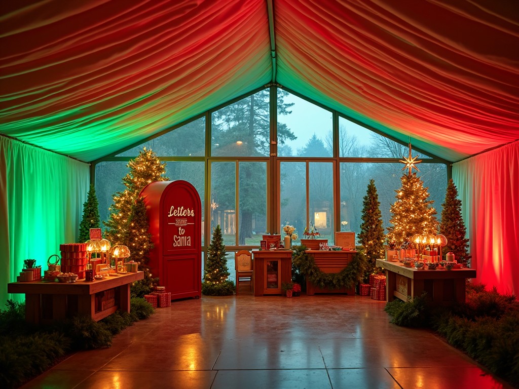 This is a beautifully decorated event space for the Christmas season. The large tent is adorned with draped fabric in green and red hues, creating a warm atmosphere. In the center is a bright red mailbox that invites letters to Santa, symbolizing holiday wishes. Surrounding it are decorated Christmas trees and tables laden with holiday treats. The overall lighting adds to the festive mood, making it a perfect venue for family gatherings or holiday events.