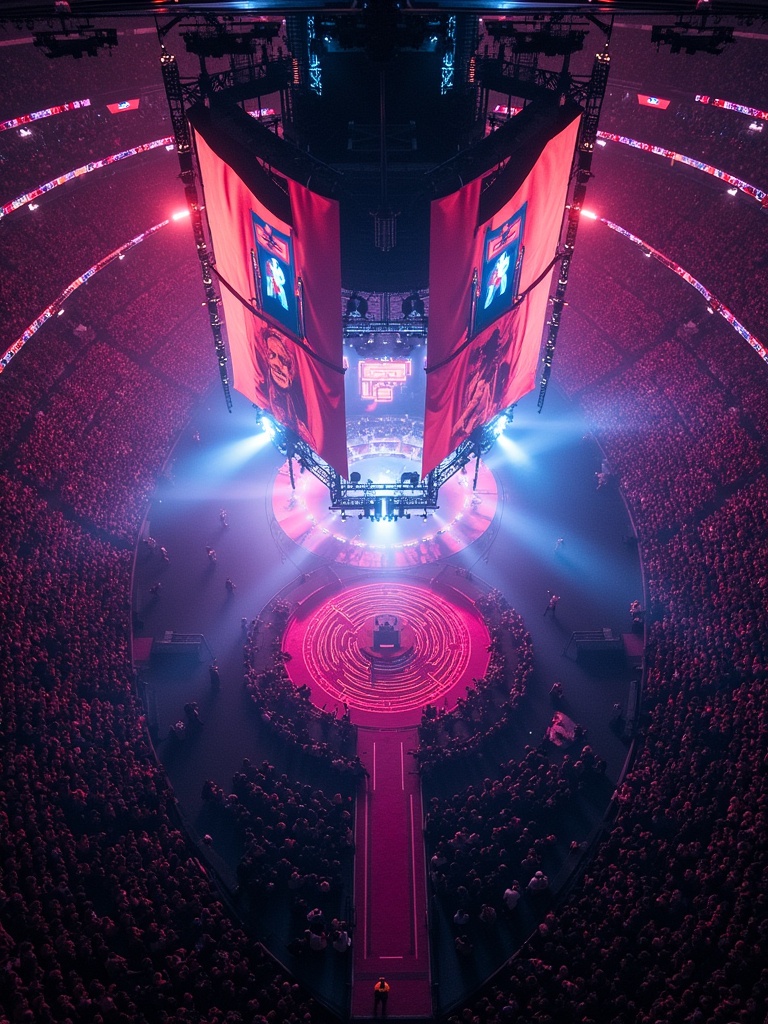 Aerial view of Travis Scott concert stage setup. 360 stage design in Madison Square Garden. Vibrant lighting effects surround the crowd. Large video screens display artist visuals. High-energy atmosphere with audience excitement.