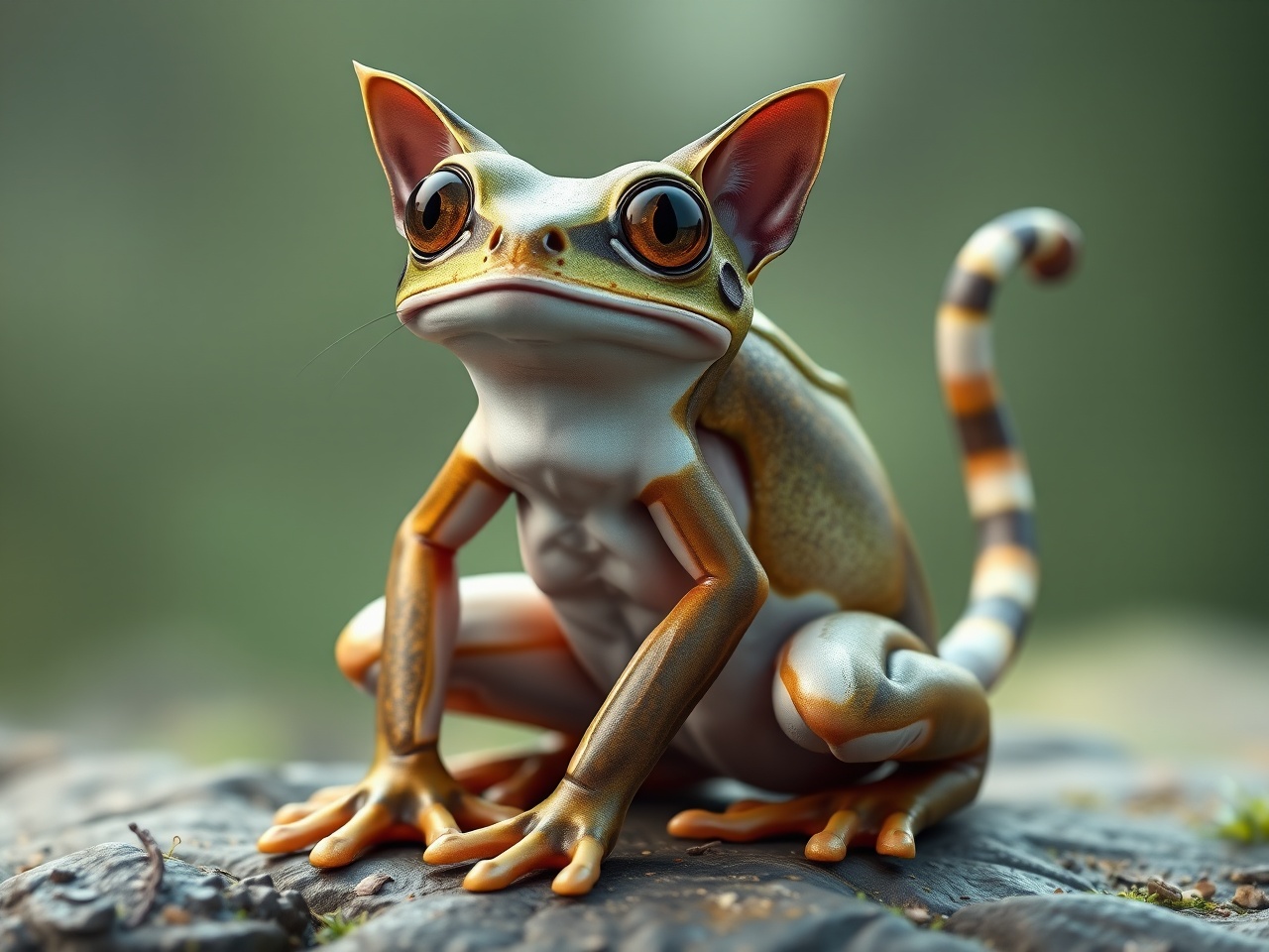 An imaginative creature that seamlessly combines characteristics of both a frog and a cat perches on a rock. This artistic depiction showcases a unique blend of vivid colors and textures, with the creature possessing the unmistakable eyes and body of a frog, complemented by cat ears and a striped tail. The background is softly blurred, highlighting the fantastical being.