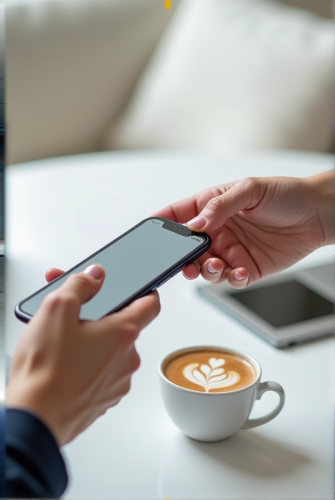 Two people exchanging a phone over a table with a latte art coffee in view.