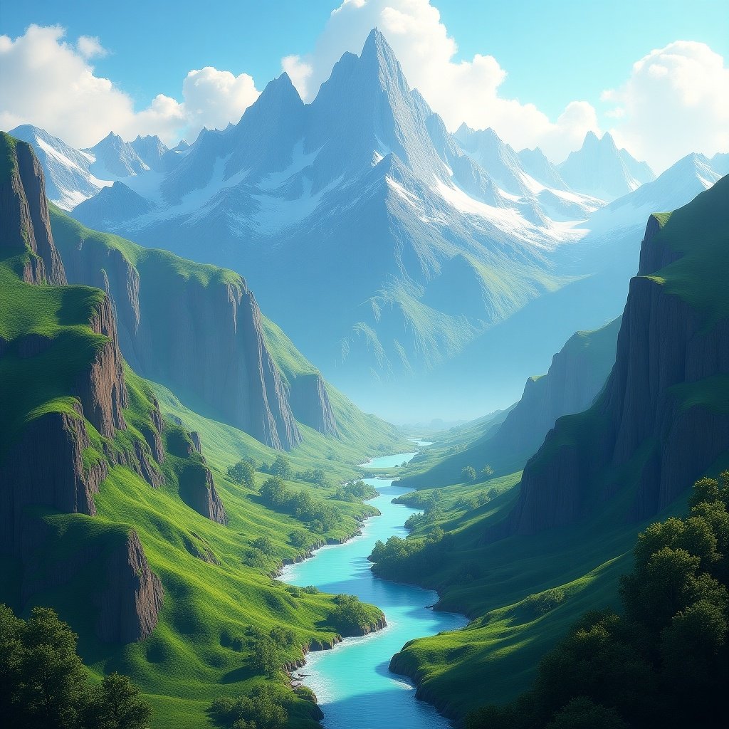 Breathtaking fantasy heightmap of a mountain range. Towering peaks over lush green valleys. Pristine river winds through landscape. Soft natural light enhances vibrant greens and blues. Scene evokes adventure and tranquility. Ideal for fantasy art inspiration.