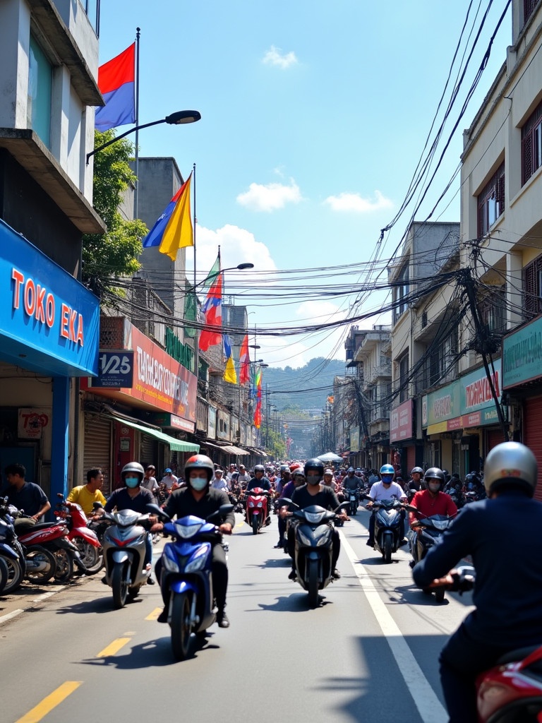 Busy street scene filled with motorcycles and vehicles. Blue storefront named Toko Eka on the left side. Situated among various shops and flagpoles with colorful flags. Clear and sunny day with minimal cloud coverage.