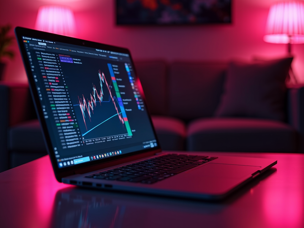 A laptop displaying colorful financial graphs, set against a moody room lit by pink lamps.