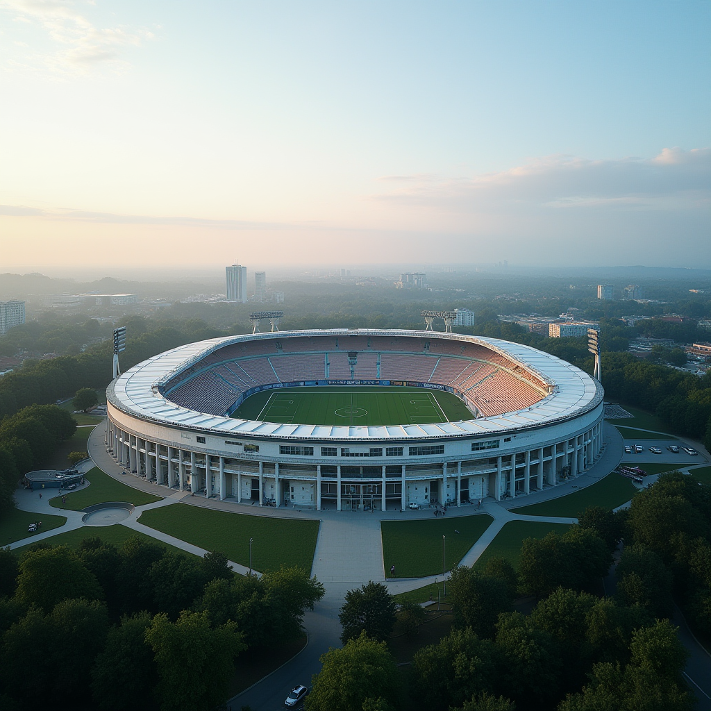 A large, oval stadium surrounded by greenery, seen during a hazy sunset.