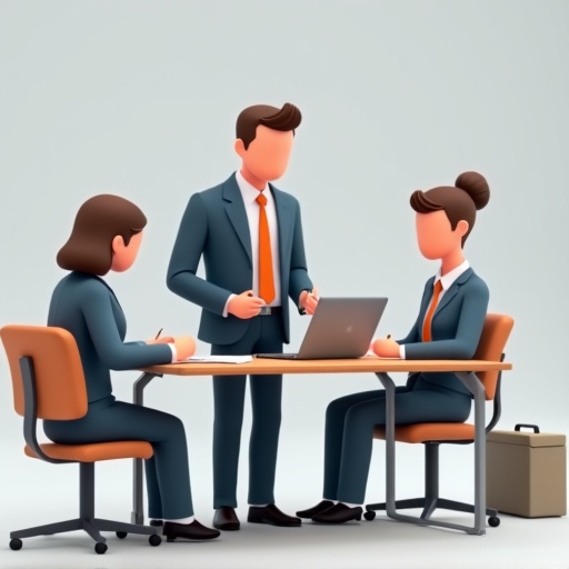 Three assistants and a boss stand in a business environment. Boss discusses points while assistants take notes. Laptop is on a table in front of them. 3D illustration depicting teamwork in a corporate setting.