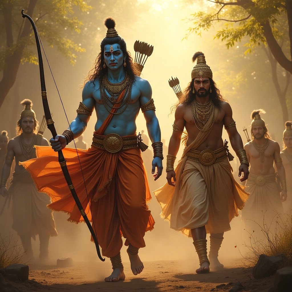 The image depicts two heroic figures from Hindu mythology, Rama and Arjun, walking through a misty forest. Both figures exude strength and confidence, with Rama holding a bow and wearing striking blue skin, symbolizing divinity. The accompanying character, Arjun, mirrors his stance, suggesting unity and camaraderie. A warm golden light filters through the trees, enhancing the sacredness of the scene. The background features fellow warriors, alluding to a great challenge ahead. Regal attire and opulent surroundings reflect the importance of their mission and character.