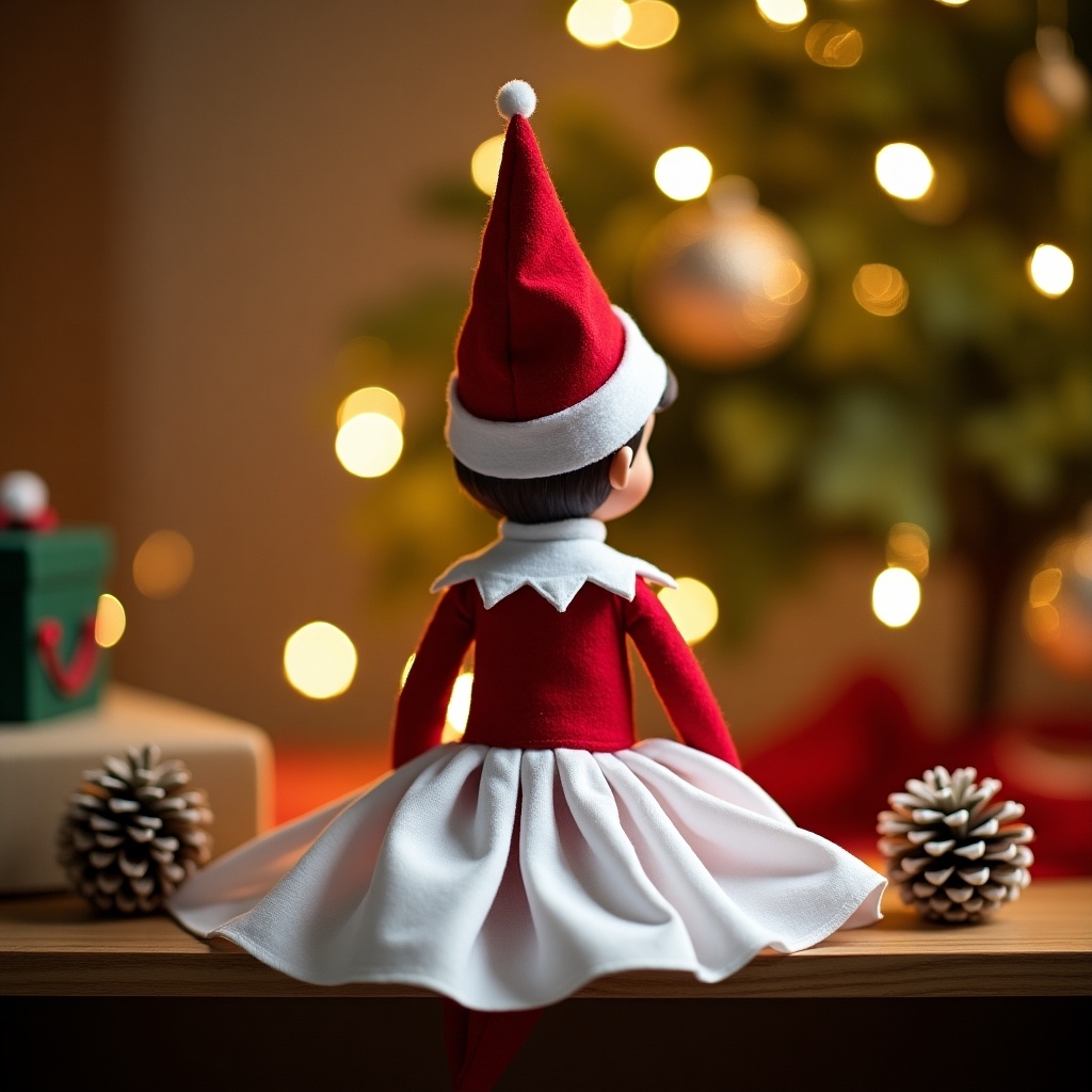 Elf doll wearing red and white attire sits with back to the viewer. Scene includes festive decorations and warm lighting to enhance holiday cheer.