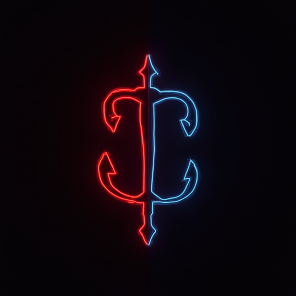 The image features a glowing emblem that resembles a stylized medieval symbol, divided vertically. The left side is illuminated in bright red neon, while the right side glows with a vivid blue neon. The emblem consists of a central vertical line with symmetrical, ornate curves and arrow-like accents extending outward from each side, creating an engaging and dynamic visual contrast against the dark background. This combination of colors and design conveys a sense of duality and balance.