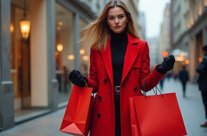 A stylish woman in a red coat carries shopping bags on a city street.