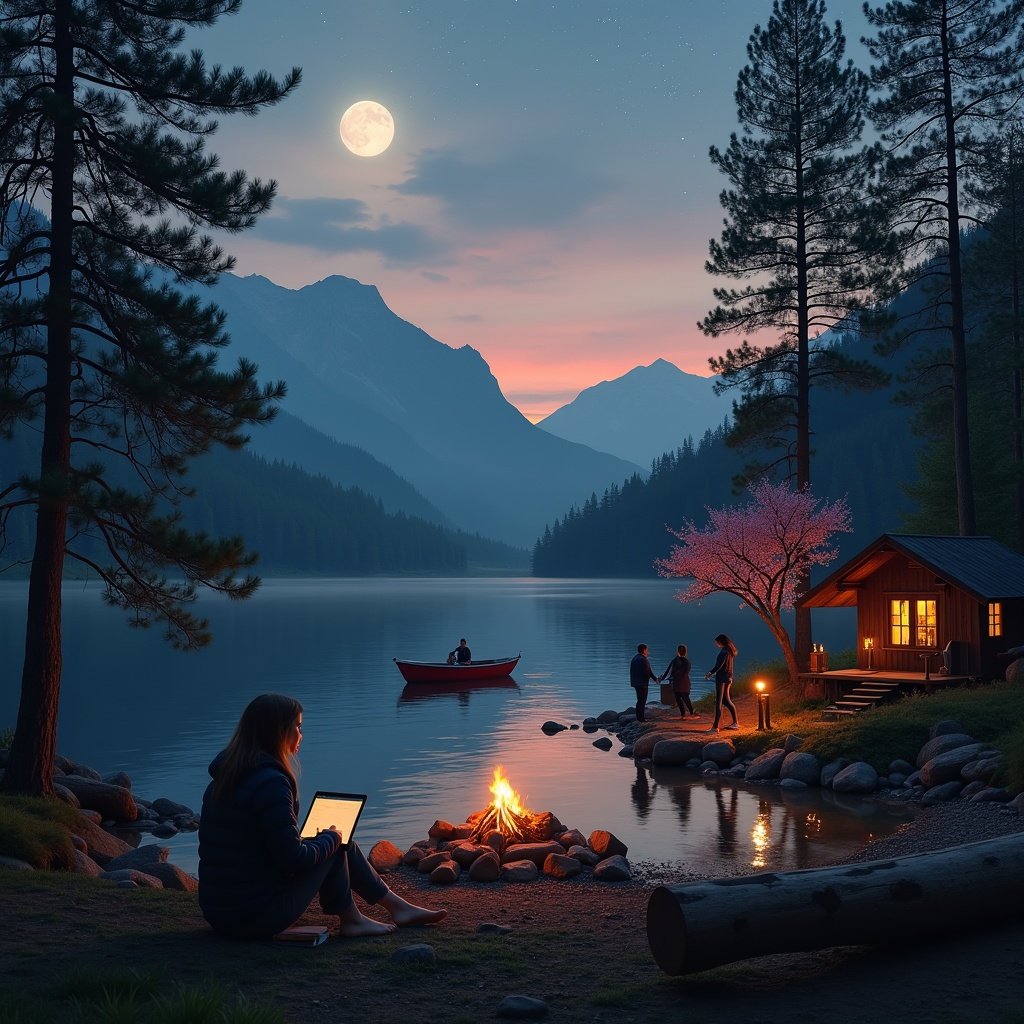 A picturesque setting with a calm lake surrounded by majestic mountains and tall trees. A cozy cabin with warm lights invites relaxation. A campfire crackles as a group of people gathers nearby. The soft glow of the full moon reflects on the water, creating an ethereal atmosphere.