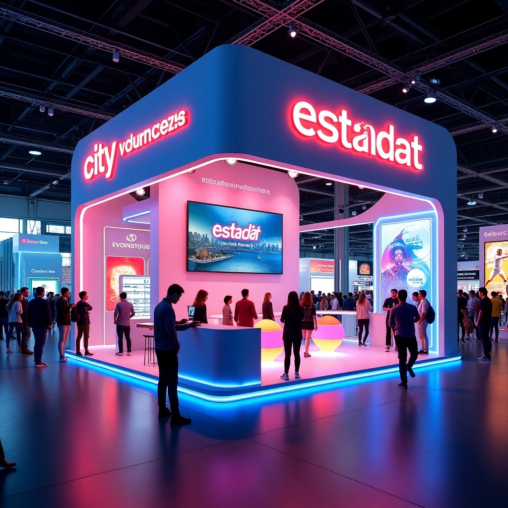 Modern and colorful neon exhibition booth design for Estadat. The booth dimensions are 14 meters long and 9 meters wide. Contains sections for City Club with virtual reality and sports, a live presentation area styled like a studio, a VIP lounge with a TV screen, a catering bar with sports branding, an instant photo booth, and an LED photo booth showcasing designs. Also features an information counter and outside activities including a laser game and basketball jump. A large LED screen shows Estadat video content. Background filled with visitors and booths, ample lighting creates an energetic ambiance.