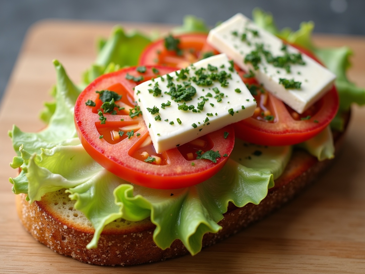 This image showcases a delicious Greek feta and white cheese toast sandwich. It features fresh slices of tomato and crispy iceberg lettuce. The sandwich is beautifully arranged on a wooden cutting board. The vibrant colors of the vegetables contrast with the bread. Perfect for a healthy snack or light meal, this dish is both simple and appetizing.