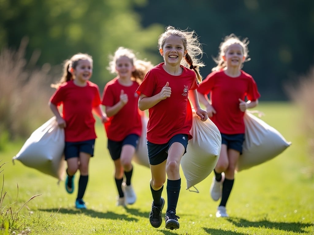 The image features four girls in red sports jerseys joyfully running along a grassy path. Each girl is carrying a large sack, seemingly participating in a fun race. They are all smiling and appear to be enjoying the activity, promoting a spirit of teamwork and fitness. The background is lush with green trees and sunlight illuminating the scene. This playful moment captures the essence of outdoor childhood activities and teamwork.