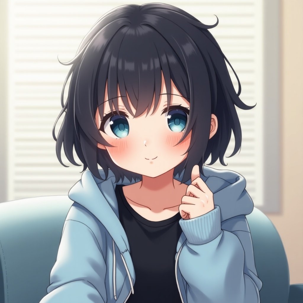 Girl with short dark hair and big blue eyes has rosy cheeks and a slight smile. Wearing a black t-shirt and light blue hoodie. She sits holding one hand at the collar of her hoodie. Background is light and blurred creating a cozy atmosphere. She has a large belly suggesting someone inside.