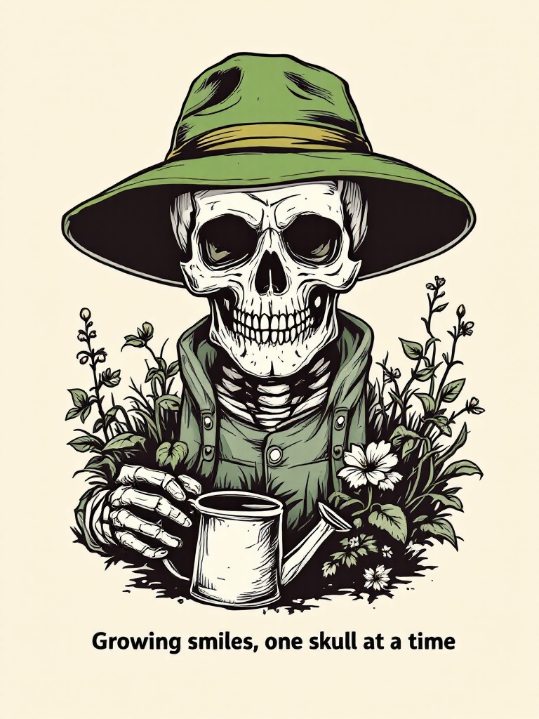 Illustrate a t-shirt design featuring a skull wearing a gardening hat. The skull holds a watering can among plants. Include the caption 'Growing smiles, one skull at a time.'.