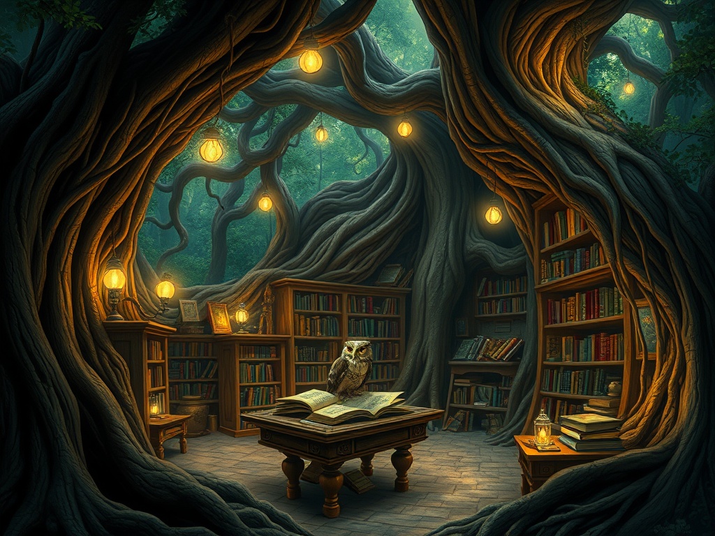 This image depicts a magical library nestled within the thick, intertwining roots of an ancient tree. The library is warmly lit by hanging lanterns, casting a cozy glow over the shelves filled with books. At the center, an owl sits atop an open book on a wooden table, adding to the mystical ambiance of the scene.