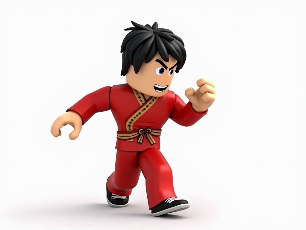 This image depicts a Roblox avatar inspired by martial arts, featuring a character in a vibrant red outfit. The character is shown in a dynamic fighting pose, suggesting action and energy. The background is plain white to emphasize the character without distractions. There are no shadows present, giving the image a clean and flat appearance. The character has distinct features reminiscent of martial artists, designed in a blocky, animated style typical of Roblox avatars.