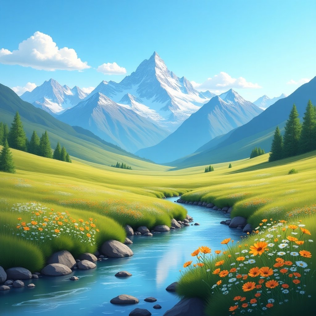 A beautiful landscape with a flowing river and colorful wildflowers. Mountains in the background under a clear blue sky. Peaceful and serene atmosphere. Natural beauty of the outdoors.