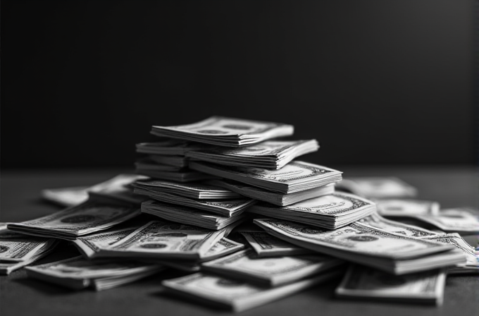 A pile of neatly stacked dollar bills sits on a dark surface.