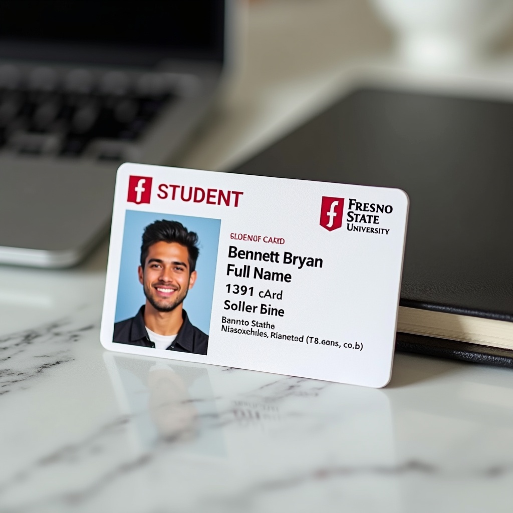 A student ID card for Fresno State University placed on a marble desk next to a closed laptop. The card features a photo of a young man with dark hair, labeled with student information and the university logo.