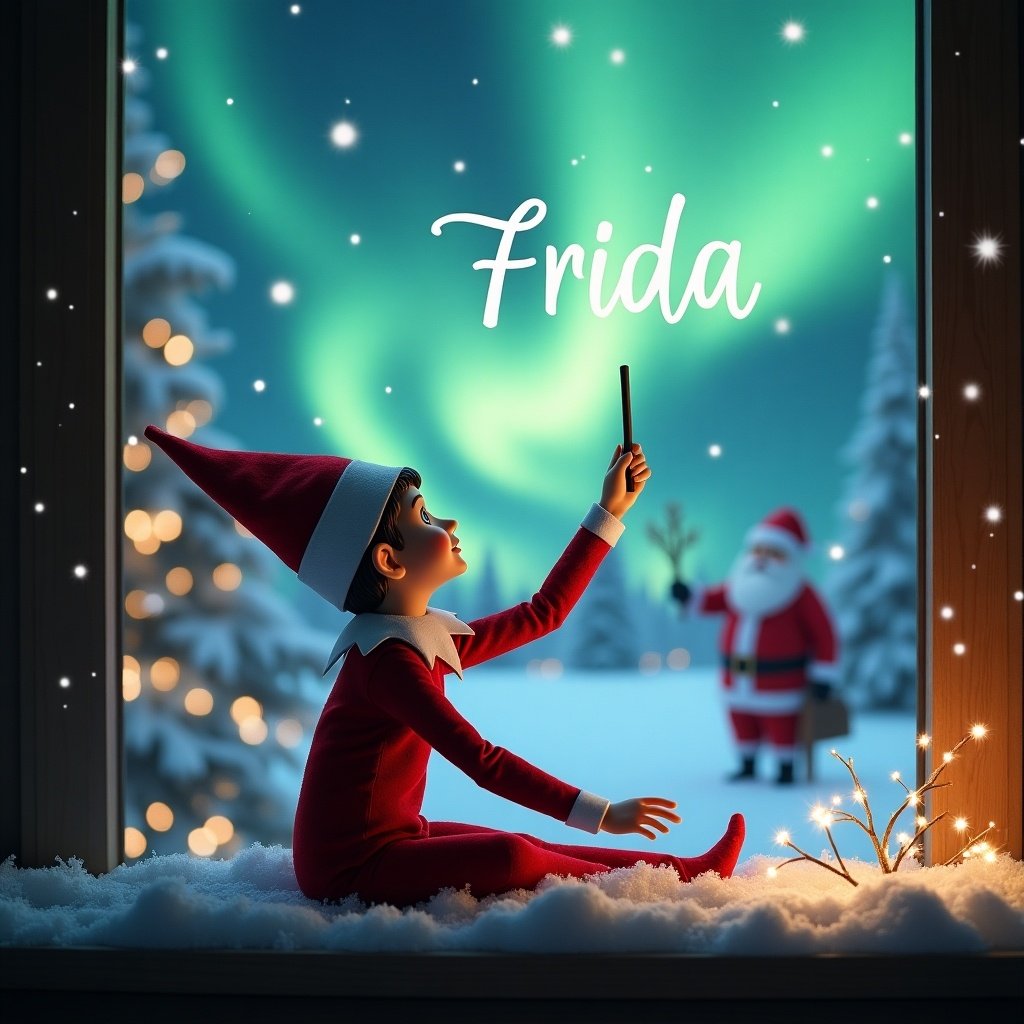 Enchanting Christmas scene featuring an elf with its back to us. Elf gazes upwards using a wand to write the name 'Frida'. Background shows northern lights and Santa Claus. Snow covers the ground, creating a winter wonderland. Captures holiday joy and wonder.