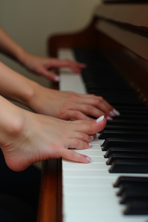 Feet play piano with no hands. Young woman with white toenail polish. Side view of the piano. Soft lighting highlights details.