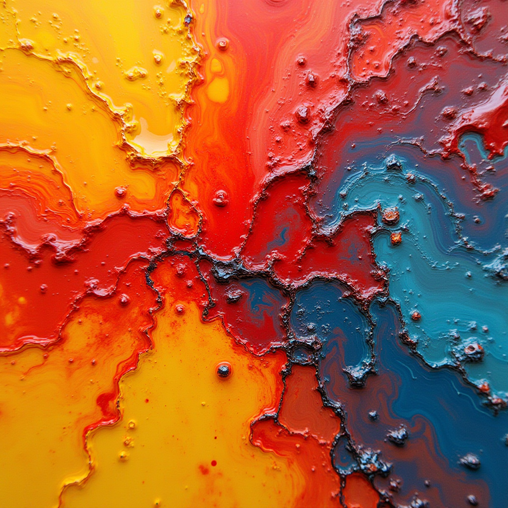 Vibrant swirls of red, yellow, and blue create an abstract, textured landscape.