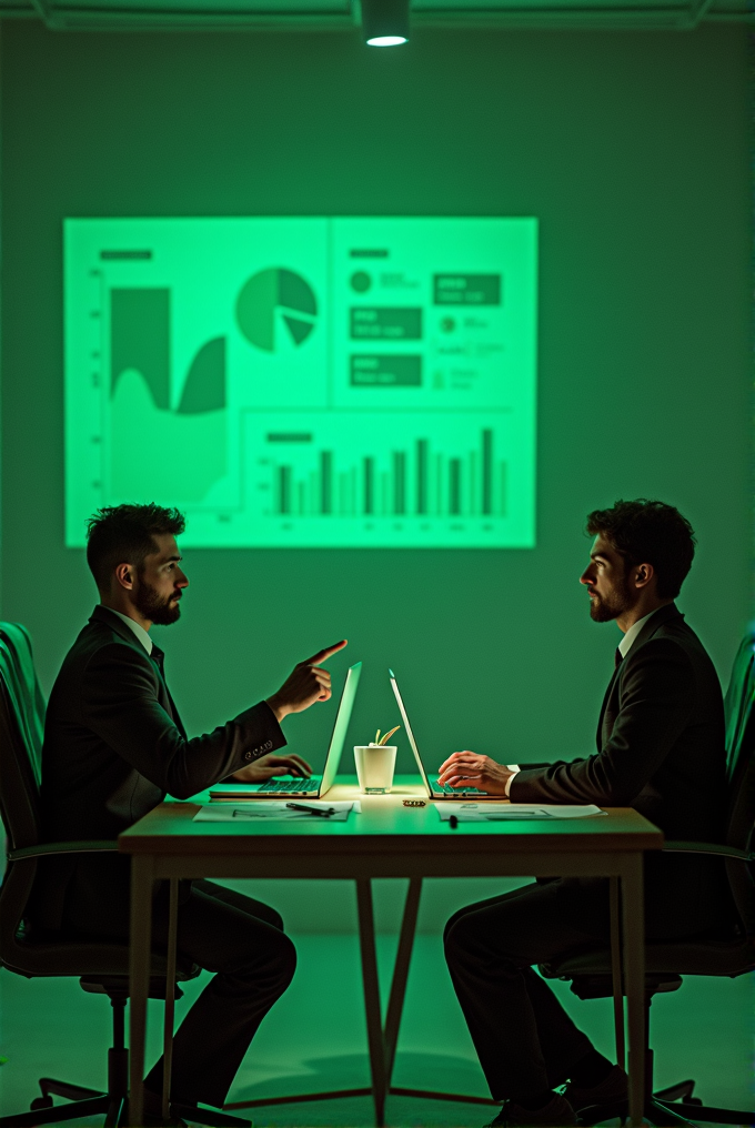 Two men in suits discuss business at a table with laptops, under a green light, with charts projected on the wall.