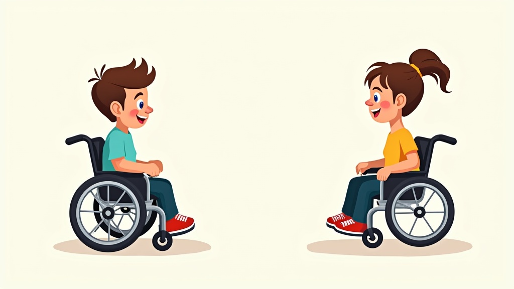 Set of funny cartoon characters in wheelchairs. Male character on the left is smiling. Female character on the right has a ponytail. Both depicted in a comic style. Flat vector illustration. Light background and vibrant colors.